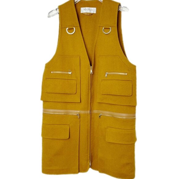 Max Mara Brown Multi-Pocket Camel Hair V-Neck Sleeveless Vest